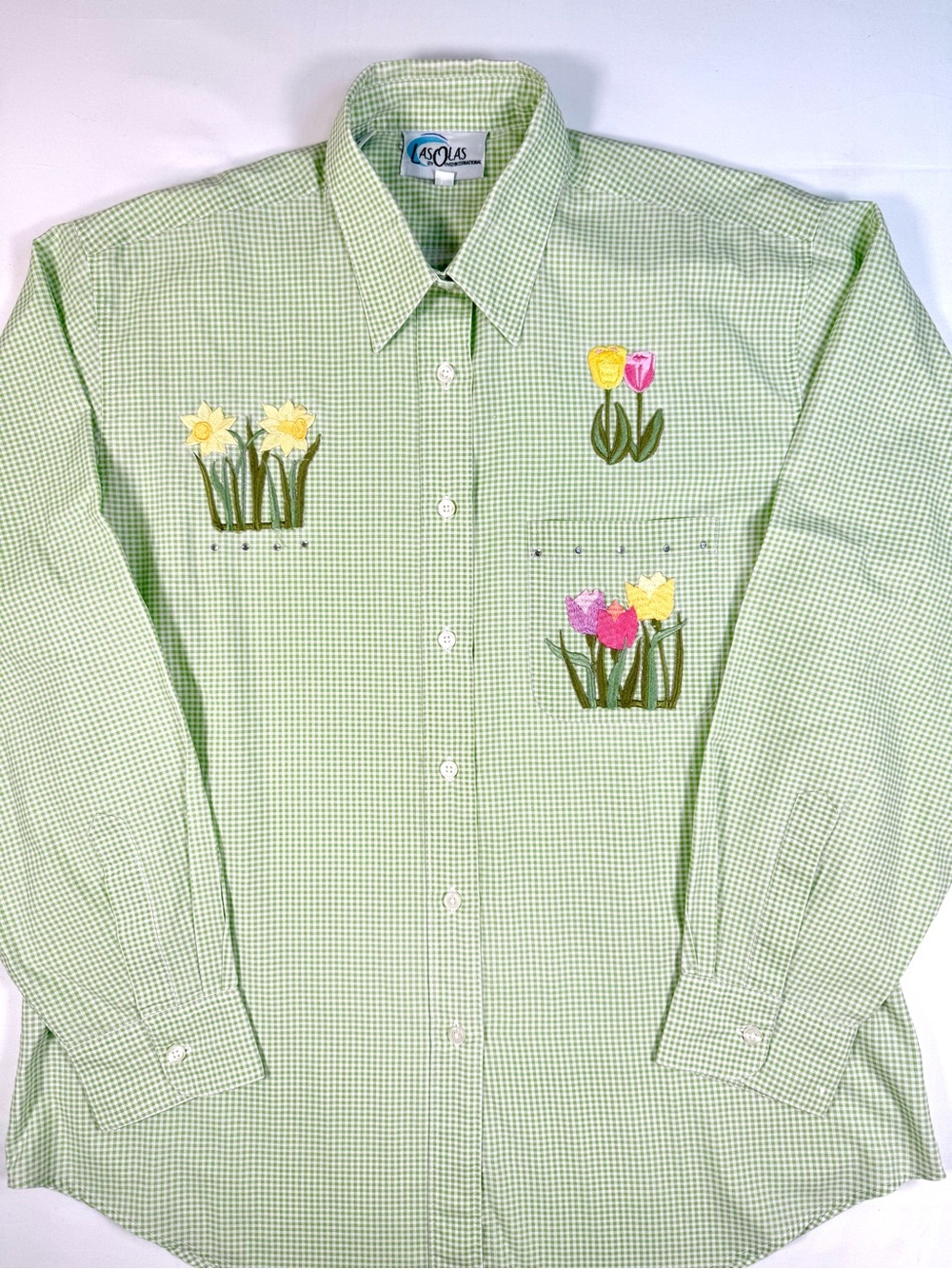VINTAGE Womens Y2K Gingham‎ Embroidered Floral Garden Shirt L Cottagecore 90s 3D